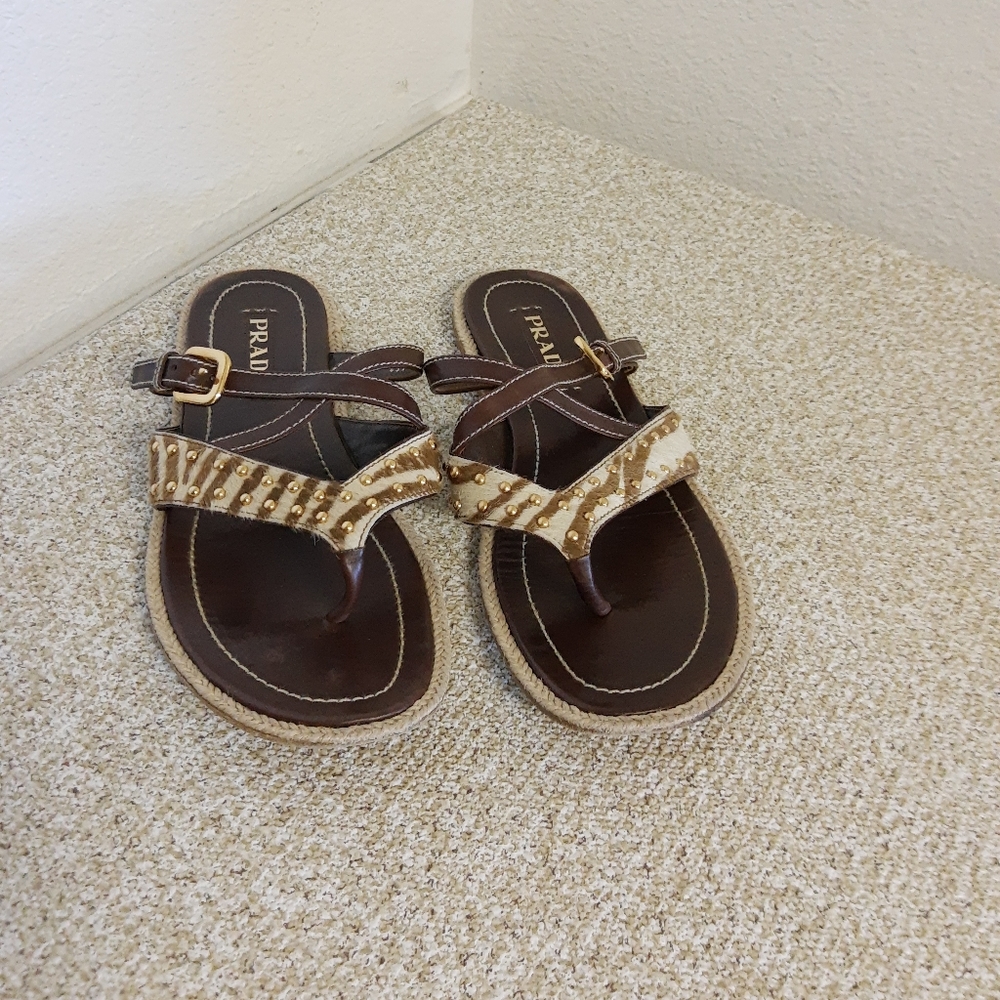 Prada Brown Leather Calfhair Flat Sandals - Picture 2 of 6